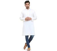 SKAVIJ Uomini Tunica Cotone Kurta Camicia Lunga vestibilità Regolare (Bianco, Medium)