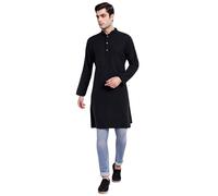 SKAVIJ Uomini Tunica Cotone Kurta Camicia Lunga vestibilità Regolare (Nero, Medium)