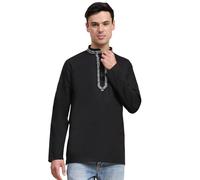 SKAVIJ Uomo Indiano Ricamate Maniche Lunghe Camicie Casual Nero XL