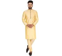 SKAVIJ Uomo Seta d'Arte Kurta Pigiama Set Indiani Indossano Abiti Beige_S