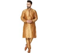 SKAVIJ Uomo Seta d'Arte Kurta Pigiama Set Vestito Tradizionale Indiano Marrone_S