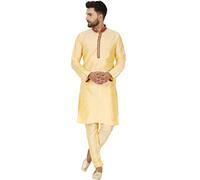 SKAVIJ Uomo Tunica Seta d'Arte Kurta Pigiama Set Beige_M
