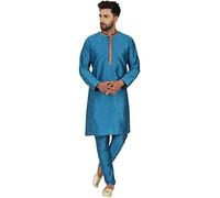 SKAVIJ Uomo Tunica Seta d'Arte Kurta Pigiama Set Turchese_S