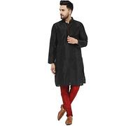 SKAVIJ Uomo Tunica Seta d'Arte Kurta Pigiama Set Vestito da Sposa Nero_S