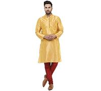 SKAVIJ Uomo Tunica Seta d'Arte Kurta Pigiama Set Vestito da Sposa Oro_S