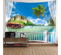 Skcess Arazzo 300 x 256 cm, in poliestere, arazzo naturale, arancione, giallo, verde, balcone, mare, montagne e case vacanze