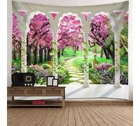 Skcess Arazzo da parete in poliestere, rosa, verde, bianco, europeo, corridoio, giardino, fiori, alberi, natura, paesaggio, arte da parete, 350 x 256 cm