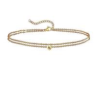 Skcess Cavigliera da donna in oro 14 K, Au 585 doppia catena con cuore lettera cavigliera bracciali per mamma e ragazza, Oro giallo 14 carati (585), Senza zirconi