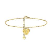 Skcess Cavigliera da donna in oro giallo 9 K 375 impermeabile Au375 oro cuore con lettera cavigliera glitter estate spiaggia gioielli bracciale bracciale, oro giallo 9 carati (375), Senza zirconi
