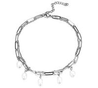 Skcess Collana da donna, in acciaio inox, doppia catena con perle, per matrimonio, spiaggia, per mamma, ragazza, lunghezza 25-30 cm, Acciaio inossidabile, Senza zirconi