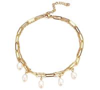 Skcess Collana da donna, in acciaio inox, doppia catena con perle, per matrimonio, spiaggia, per mamma, ragazza, lunghezza 25-30 cm, Acciaio inossidabile, Senza zirconi