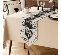 Skcess Runner da tavolo, beige, bianco, nero, a righe floreali, motivo con nappe, tovaglia in cotone e lino, decorazione da tavolo, da tavolo, moderno, 30 x 220 cm