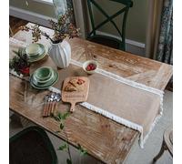 Skcess Table Runner a forma di onda con nappe, tovaglia in cotone e lino, colore cachi, bianco, runner da tavolo, moderno, decorazione per San Valentino, sala da pranzo, feste, 30 x 240 cm