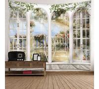 Skcess Tapestry Wall - Arazzo da parete in poliestere, 210 x 140 cm, con finestra e navi, colore: blu, grigio, verde, balcone