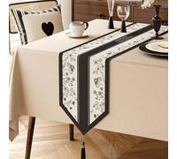 Skcess Tovaglia runner a righe con fiori e farfalle, con nappe, runner da tavola in cotone e lino, colore nero, beige, bianco, tavolo da matrimonio, 30 x 240 cm