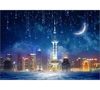 skdhlifpj Carta Da Parati 3d Fotografia Cielo Stellato Blu Con Luna 300cmx210cm Luci Della Città Grattacieli Strade Camera Da Letto Soggiorno Decorazione Sfondo