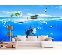 skdhlifpj Carta Da Parati Blu 3d Tessuto Non Tessuto Fotografia Mare Blu, Pesci Tropicali, Isole E Barche A Vela 400cmx280cm Camera Da Letto Soggiorno Sfondo