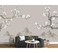 skdhlifpj Carta Da Parati Fiori 3d Tessuto Non Tessuto Fotografia Quadro Decorativo Cinese Con Fiori Di Prugno Bianchi E Alberi Dipinti A Mano 150cmx105cm Camera Da Letto Soggiorno Sfondo