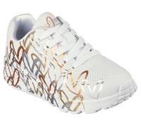 Skechers Bambina x JGoldcrown: UNO Lite - Metallic Love Sneaker in Bianco/Oro, Taglia 35, Lavabile in lavatrice