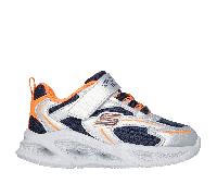 Skechers Bambino Meteor-Lights - Glow-Strider Sneaker in Argento/Arancione, Taglia 32