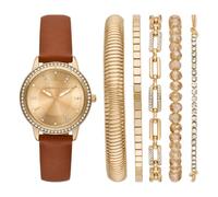 Skechers Set regalo da donna con orologio e bracciale in poliuretano marrone chiaro a tre lancette, Marrone