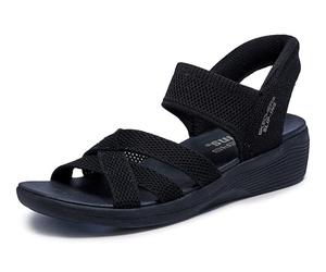 Skechers Women's Arya-Cooling Off Hands Free Slip-Ins Wedge Sandal, Black/Black, 5