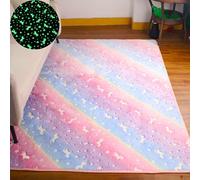 Skeiyo Tappeto che si illumina al buio e luminoso, per camera da letto e soggiorno, tappeto elastico a pelo basso, colorato, rosa, unicorno arcobaleno, 160 x 200 cm