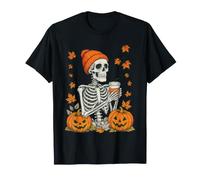 Skeleton Coffee Fall Vibes Zucca Halloween Autunno Lover Maglietta