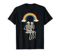 Skeleton Couple on Swing Under Rainbow LMBTQ Halloween Maglietta