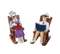 Skeleton Figurines Rocking Chair Statue, Resin Skull Couple Reading Ornament, Gothic Shelf Decor for Table, Bookshelf, Mantel, Bedroom, Home Display, Halloween Accent, Spooky Indoor Setup, 7x6x3.2cm