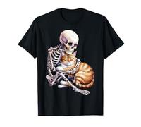 Skeleton Hugging Cat Cute Halloween Graphic Maglietta