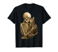 Skeleton Hugging Cat Cute Halloween Graphic Maglietta