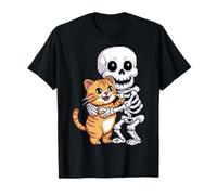 Skeleton Hugging Cat Cute Halloween Graphic Pixel Art Maglietta
