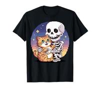 Skeleton Hugging Cat Cute Halloween Graphic Pixel Art Maglietta