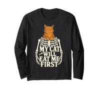 Skeleton My Cat Will May Me First Spooky Kitty Lover Maglia a Manica