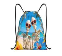Skeleton On Beach Scene Borsa con Coulisse Stringa Borsa Coulisse Pieghevole Gym Sack per Nuoto Vacanze Bambino 36X42Cm