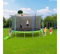 Skepphlay Set di trampolino da 3,5 m, grande trampolino da esterno con canestro da basket, trampolino con scivolo e altalena, con rete di recinzione, approvazione ASTM, trampolini ricreativi per