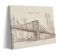 Sketch of A Brooklyn Bridge And Skyscrapers, New York, USA. Vintage Brown and Beige Card, Hand-drawn. Cityscape View. Architecture Silhouette from Lines - Poster decorativo da parete