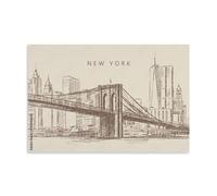 Sketch of A Brooklyn Bridge And Skyscrapers, New York, USA. Vintage Brown and Beige Card, Hand-drawn. Cityscape View. Architecture Silhouette from Lines - Poster decorativo da parete