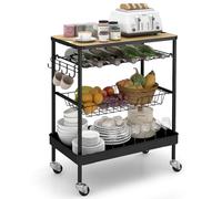 Skey Carrello Cucina con Portabottiglie, Carrello da Servizio con Ruote 360° con Freno, Maniglia, Pannello MDF Superiore, Antiruggine, Carrello Portaoggetti per Cucina, Bar, Sala da Pranzo, Nero