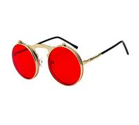 SKFGNX Occhiali da sole pieghevoli Steampunk Donne Retro Uomini Primavera Templi Rotondi Rosso Trasparente Punk Occhiali UV400, Oro Rosso Chiaro, 35 EU