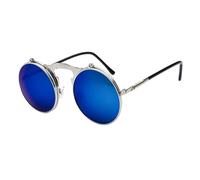 SKFGNX Occhiali da sole pieghevoli Steampunk Donne Retro Uomini Primavera Templi Rotondi Rosso Trasparente Punk Occhiali UV400, Specchio blu argento, 35 EU