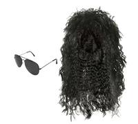 SKHAOVS 2 Pezzi Nero Set di Parrucche Rock Parrucche da Disco Anni '80 Parrucche Uomo Parrucche Hippie Occhiali da Sole Parrucche Triglie Parrucche Ricci per Feste Halloween Carnevale (2 Pezzi)