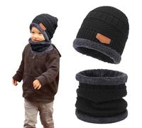 SKHAOVS 2Pezzi Nero Set di Cappello e Sciarpa Invernali per Bambini Berretto Invernale Caldo Lavorato a Maglia Sciarpa Foderata in Pile Artico Set Termico Bambini per Ragazzi Ragazze 3-10 Anni (Nero)