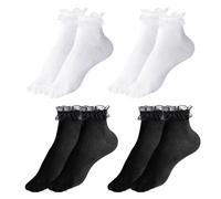SKHAOVS 4 Paia Bianco e Nero Calzini da Donna, Calzini Alla Caviglia per Adulti, Calzini con Volant, Calze da Ballo, Calze per Abiti, Calze con Volant, Calze di Cotone per Donne Ragazze (4 Paia)