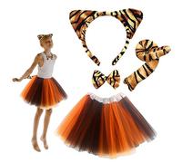 SKHAOVS 4 Pezzi Costumi da Tigre Set,Set di Costumi da Animale,Orecchie di Tigre,Copricapo,Coda, Fiocco e Tutù,per Bambina Costume per Halloween Festa di Carnevale Travestimento (Costume Tigre)