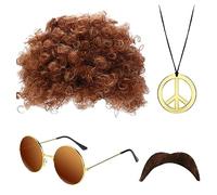 SKHAOVS 4 Pezzi Set di Costumi Hippie Hippie Accessories, Parrucca Afro Funky, Hippie Costume, Funky Occhiali Sole, Collana con Segno di Pace, Parrucca da Carnevale Fancy Dress Halloween