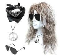 SKHAOVS 4 Pezzi Set Parrucca Rock Parrucca Discoteca Anni '60/ '70/ '80 Costume Hippie Parrucca Riccia Occhiali da Sole Bandana Collana Costume da Discoteca Per Festa Halloween