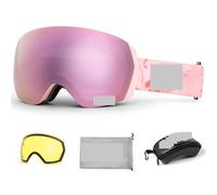 Ski Goggles Men Women Anti-Fog Eyewear Snow Glasses Adult Snowboard Goggle with Night Yellow Lens And Case Set(Champagne Pink Set)