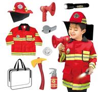 SKIKHN Costume Pompiere Bambino, 9 Pezzi Costume da Pompiere per Bambini, Bambini Pompiere Giochi di Ruolo Costume, con Giacca, Casco, Costume Vigile del Fuoco per Bambini Halloween Carnevale